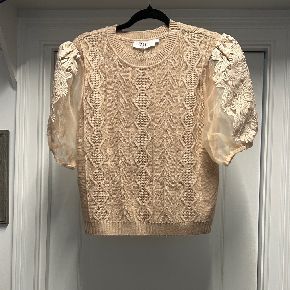 Astr Beige Short Sleeve Top with Lace Details